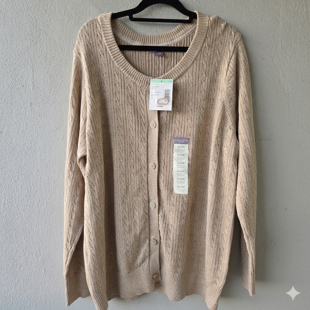 Laura Scott Beige Metallic Gold Cable Knit Lightweight Cardigan Sz 20 / 22 NWT